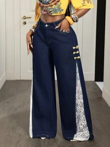 Slaydiva Women's Denim Frog Button Lace Wide Leg Jeans - Blue - View 1