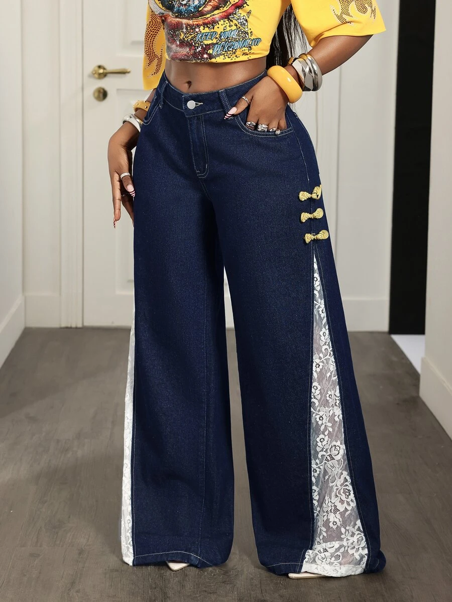 Slaydiva Women's Denim Frog Button Lace Wide Leg Jeans - Blue - View 1