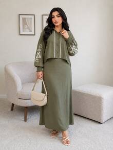 Solavon Plus Size Women's Floral Print Single-Breasted Shirt And Skirt Casual 2 Pieces Set - Olive Green - View 1