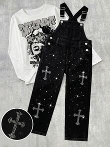 Boys' Black Denim Overalls With Adjustable Metal Buckle Straps, All-Over Rhinestone Cross Pattern Decor, Loose Straight Leg Jumpsuit, Y2K Streetwear Casual Pants For Back To School, Street Style, Party, Daily Wear - Black - View 1