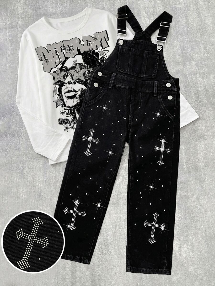 Boys' Black Denim Overalls With Adjustable Metal Buckle Straps, All-Over Rhinestone Cross Pattern Decor, Loose Straight Leg Jumpsuit, Y2K Streetwear Casual Pants For Back To School, Street Style, Party, Daily Wear - Black - View 1