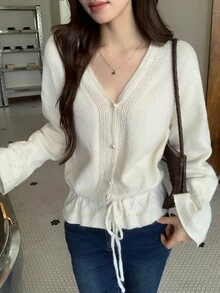 DAZY 女款休閒抽繩腰部針織衫，秋冬款 - 白色 - 查看 4
