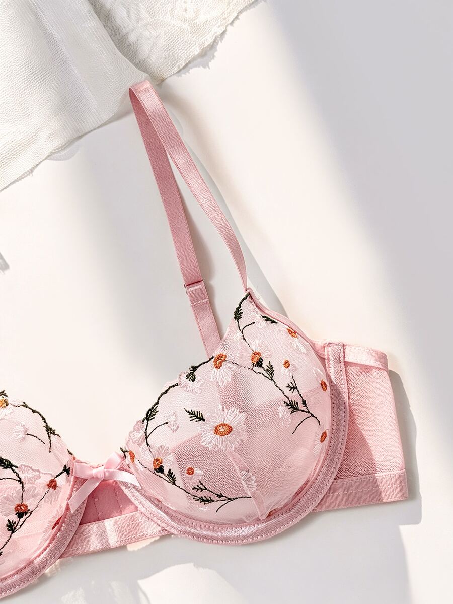 PetitDoll Sexy Series Embroidered Push-Up Hollow Bow Women's Lingerie Set 1pc - Pink - View 1