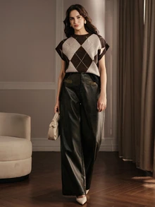 Anewsta Autumn/Winter Diamond Checkered Round Neck Knit Short Sleeve Top, Layering Piece For Sweaters, Versatile And Stylish - Khaki - View 5