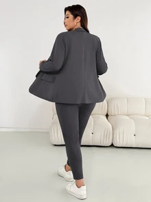 Shapeblank Bộ 2 món áo khoác và quần màu trơn phong cách thường ngày đi làm size lớn - Màu xám đen - Xem 2