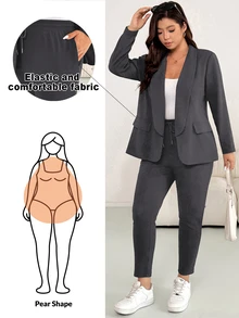 Shapeblank Bộ 2 món áo khoác và quần màu trơn phong cách thường ngày đi làm size lớn - Màu xám đen - Xem 1