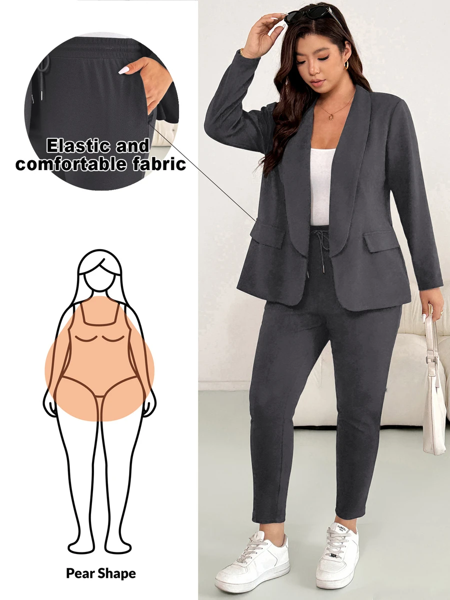 Shapeblank Bộ 2 món áo khoác và quần màu trơn phong cách thường ngày đi làm size lớn - Màu xám đen - Xem 1