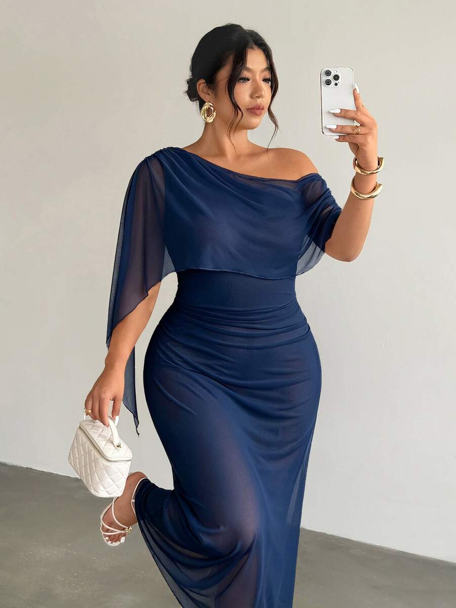 Firerie Plus Size Women's Long Sleeve Dress, Comfortable Casual Elegant Vacation Date Party Gathering Afternoon Tea Exquisite Charming INS Style Fashion Ruched Cape Asymmetrical Overlay Mesh Elastic