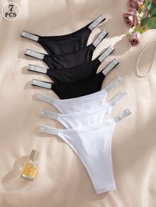 SHEIN 銀色腰帶舒適性感女款三角內褲 7件組 - 黑與白 - 查看 3