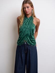 Nöista Polka Dot Halter Top With Lace Trim, Going Out Top For Women, Vacation Outfit, Party Style Aesthetic Chic - Army Green - View 4