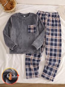 Boys' Colorblock Pocket Plaid Long Sleeve Pants Pajama Set, Autumn/Winter - Grey - View 2