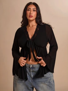 SHEIN BAE CURVE 大尺碼女款梅紫色喇叭袖網紗T恤，優雅上衣 - 黑色 - 查看 6