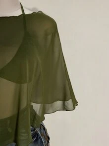SHEIN ICON 大尺碼雪紡外套與三角罩杯繫帶背心兩件套女裝 - 軍綠色 - 查看 7