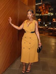 Slaydiva Plus Size Mustard Yellow Double-Breasted Blazer Vest Dress - Yellow - View 5
