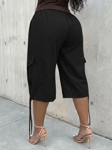 Slaydiva Plus Size Casual Versatile Ruched Tie-Up Capri Pants - Black - View 2