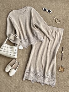 Grovea Setelan Sweater Lengan Panjang dan Rok Rajut Wanita Ukuran Besar untuk Musim Dingin - Aprikot - View 1