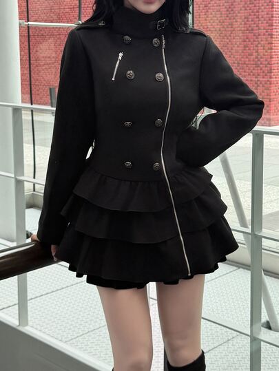 FRIFUL Women's Solid Color Double-Breasted Zipper Placket Multi-Layer Ruffle Hem Fashion Overcoat