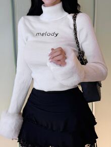 FRIFUL Women's Letter Embroidered High Neck Patchwork Fur Cuff Sweater - White - View 2