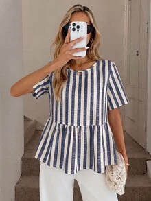 SHEIN LUNE 女款條紋百褶休閒百搭日常穿著襯衫 - 彩色 - 查看 4