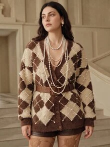 Anewsta Women's Plus Size Coffee & Apricot Color Block Pearl Faux Mink Fur V-Neck Knit Cardigan Sweater Jacket, Autumn/Winter - Coffee Brown - View 1