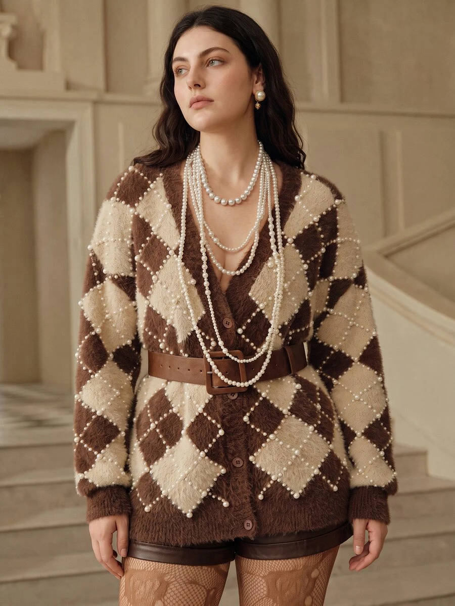 Anewsta Women's Plus Size Coffee & Apricot Color Block Pearl Faux Mink Fur V-Neck Knit Cardigan Sweater Jacket, Autumn/Winter - Coffee Brown - View 1