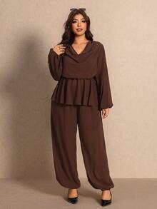 Elaquor Plus Size Women's Solid Color Cowl Neck Lantern Sleeve Blouse And Pants Elegant 2 Pieces Set - Coffee Brown - View 6