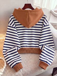 Resyla Fashion Casual Basic Hooded Long Sleeve Brown & Blue White Striped Colorblock Women's Sweatshirt - Multicolor - View 2