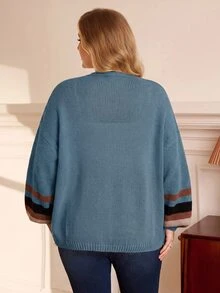 EMERY ROSE Cardigan de punto a rayas de bloques de color para vacaciones de talla grande - Neblina azul - Ver 7