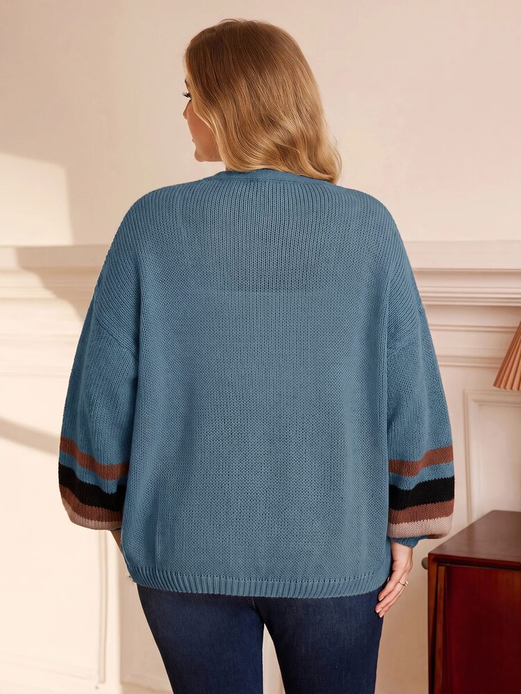 EMERY ROSE Cardigan de punto a rayas de bloques de color para vacaciones de talla grande - Neblina azul - Añade 7