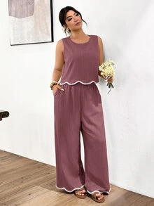 Lounesse Plus Size Women's Round Neck Sleeveless Blouse And Wide Leg Pants Casual 2 Pieces Set - Burgundy - View 4