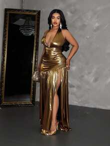 Maweii Plus-Size Women's Neck-Hanging Deep V-Neck Backless Sexy Party Dress - Gold - View 5