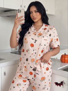 ZzzCrew Plus Size Striped Pajama Set With Collared Button-Front Puff Crinkle Halloween Print Short Sleeve Top And Long Pants - Multicolor - View 6