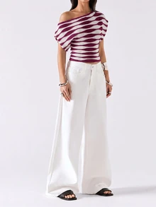 LYSMO 2026新款極簡風春夏女款休閒淺黃灰色拼接領針織上衣，春夏出遊度假穿搭，沙灘裝，春假穿搭，夏季上衣 - 紫色 - 查看 5