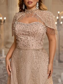 Glamrae Plus Size Elegant Luxurious Champagne Sequin Embroidered Shawl Tassel Computer Beaded Fitted A-Line Heavy Work Evening Gown Suitable For All Formal Occasions - Champagne - View 5