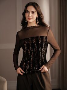 Anewsta Kaos Lengan Panjang Slim Fit Wanita Warna Cokelat Kopi Bahan Beludru dengan Jala dan Payet, Cocok Sebagai Atasan Dalaman untuk Kencan, Pesta, atau Perjalanan Sehari-hari - Coklat - View 4