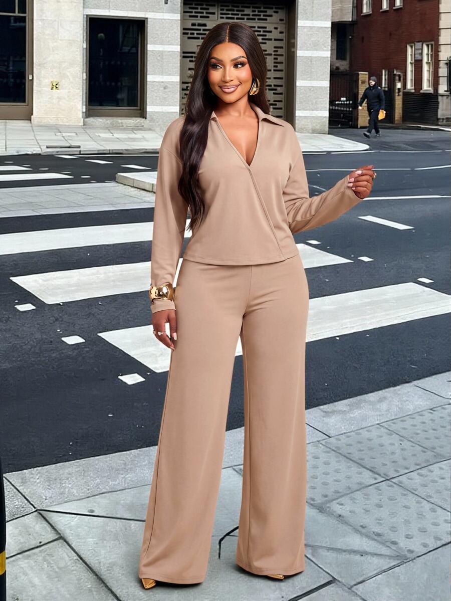 Brilight Ollared Wrap V Neck 2 Pieces Loungewear Set For Daily Brunch Vacation Casual Wear - Khaki - View 1