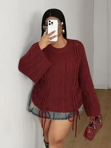 Maweii Sweater Pullover Lengan Lebar Kasual Berlubang dengan Tali Serut untuk Wanita Ukuran Plus - Burgundy - View 1