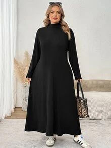 SHEIN CURVE+ Women's Plus Size Autumn/Winter Knit Ribbed Turtleneck Long Sleeve A-Line Dress 8XL Fall - Black - View 3