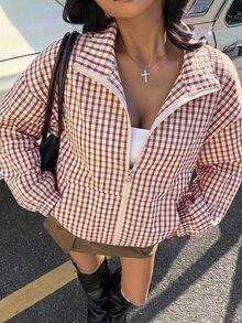 SHEIN EZwear 格紋編織女款休閒夾克 - 紅色 - 查看 1