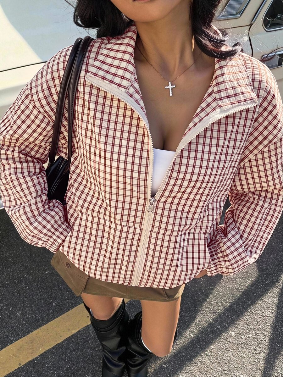 SHEIN EZwear 格紋編織女款休閒夾克 - 紅色 - 查看 1