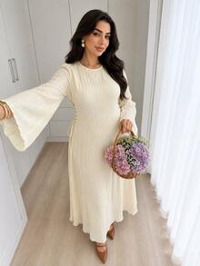 Solavon Plus Size Women Solid Color Casual Party Dress - Apricot - View 3