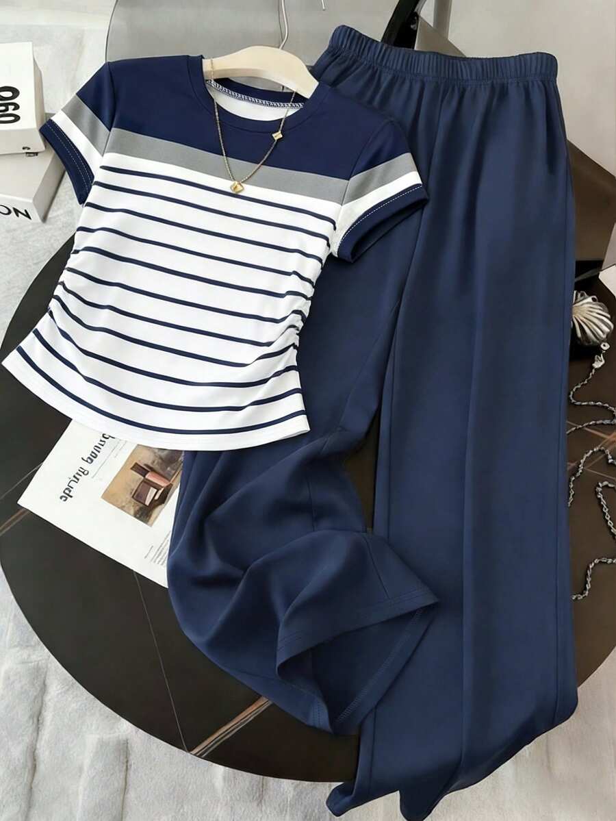 Resyla 夏季出遊套裝,女款收腰T恤與長褲套裝,經典藍白條紋印花,日常穿著,學生、教師穿搭,通勤風格 - 彩色 - 查看 1