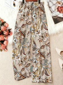 Breezaya Plus Size Women's Floral Print Minimalist Casual Versatile Wide Leg Pants, Suitable For Vacation Wear, Woven Long Pants, Plus Size Pants, Plus Size Women's Long Pants - Multicolor - View 1