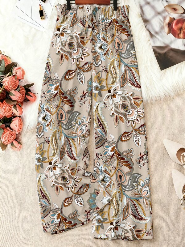 Breezaya Pantalones de pierna ancha con estampado floral minimalista casual versátil para mujer de talla grande, adecuados para uso en vacaciones, pantalones largos tejidos, pantalones de talla grande, pantalones largos para mujer de talla grande