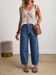 EMERY ROSE Plus Size Women's Casual Daily Denim Jeans With Pockets And Buttons - Blue - View 5