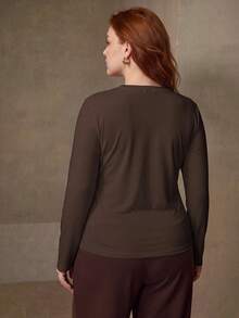 MOTF PREMIUM HIGH ELASTICITY SKIN-FRIENDLY SOLID COLOR ROUND NECK SLIM FIT FLATTERING FASHION LONG SLEEVE VERSATILE PLUS SIZE WOMEN'S BASE LAYER TOP - Coffee Brown - View 6