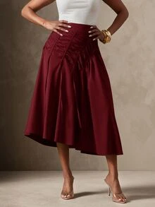 Vixey Lightweight Woven Gathered High Waist Midi Skirt - Burgundy - View 3