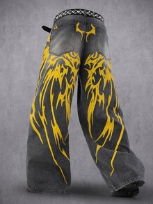 Manfinity Denimwave 男士街頭風哥德式翅膀灰色水洗牛仔寬腿長褲 - 灰色 - 查看 3