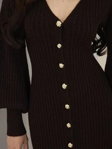 Heiryn Gaun Rajut Elegan Wanita Warna Polos Leher V Lengan Panjang Kancing Tunggal - Coffee Brown - View 7