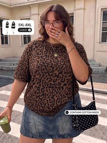 SHEIN CURVE+ 大尺碼 22W 休閒極簡寬鬆豹紋圓領女款T恤，適合秋冬穿著 - 彩色 - 查看 1